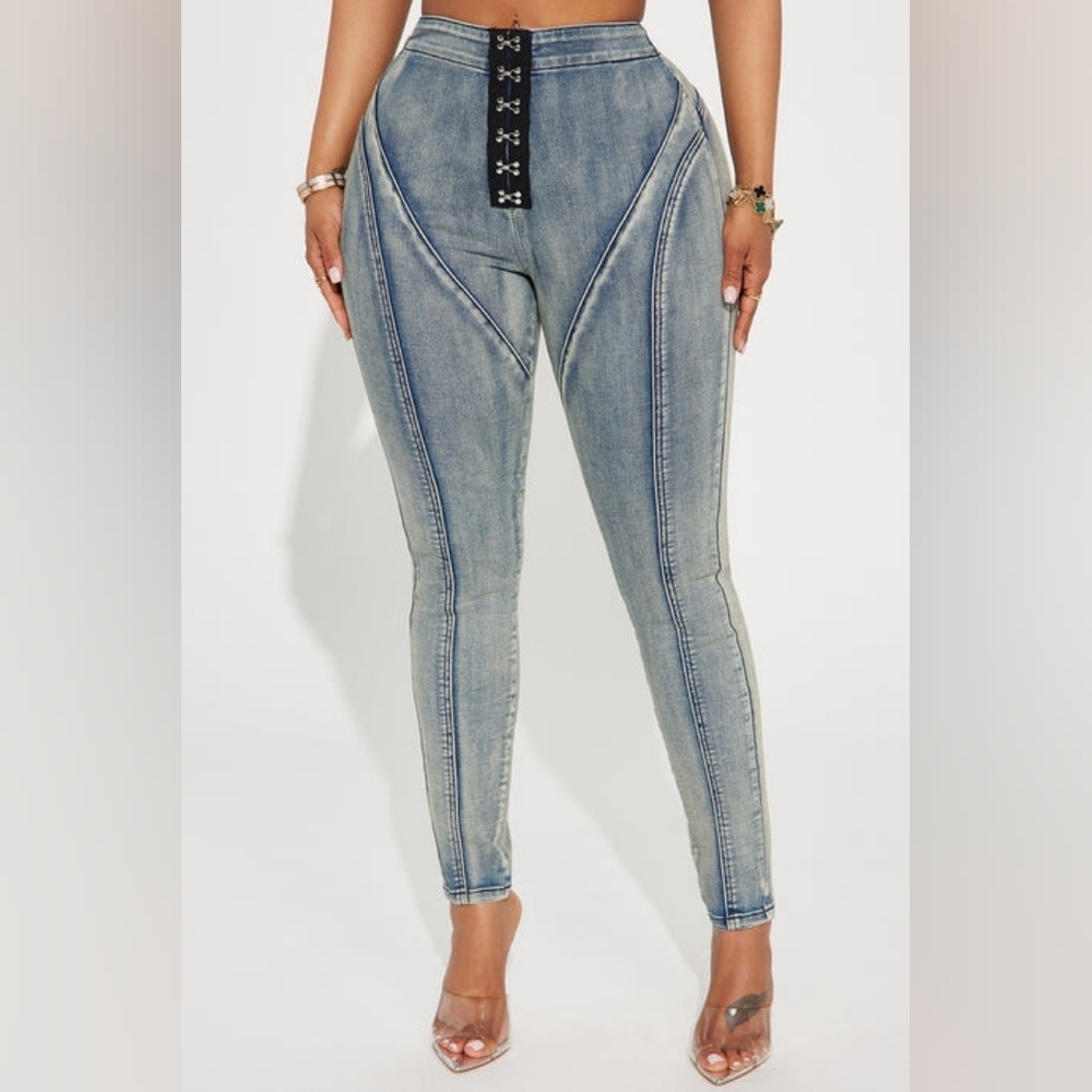 Back To You Stretch Skinny - Vintage Wash Women's Blue Denim Corset Jeans - Picture 2 of 7